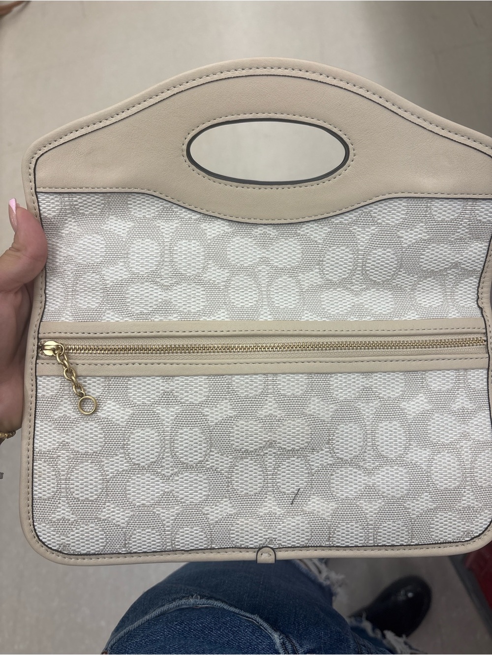 Cream Signature Print Wristlet Clutch